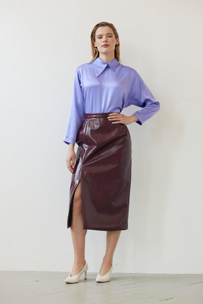 SAMPLE FW26 - Monica Midi Straight Skirt in Gloss Pleatherette - Plum Wine Samples CHRISTINE ALCALAY Plum Wine 2