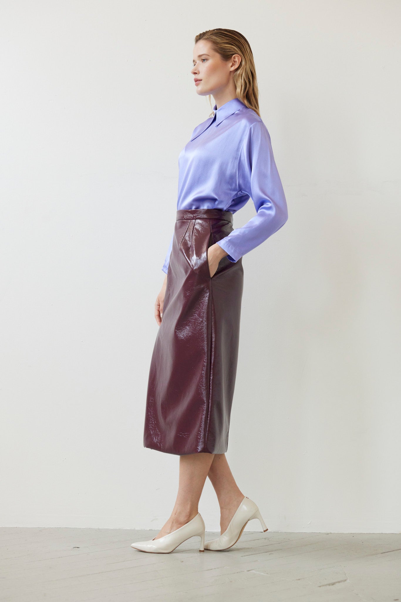 SAMPLE FW26 - Monica Midi Straight Skirt in Gloss Pleatherette - Plum Wine Samples CHRISTINE ALCALAY
