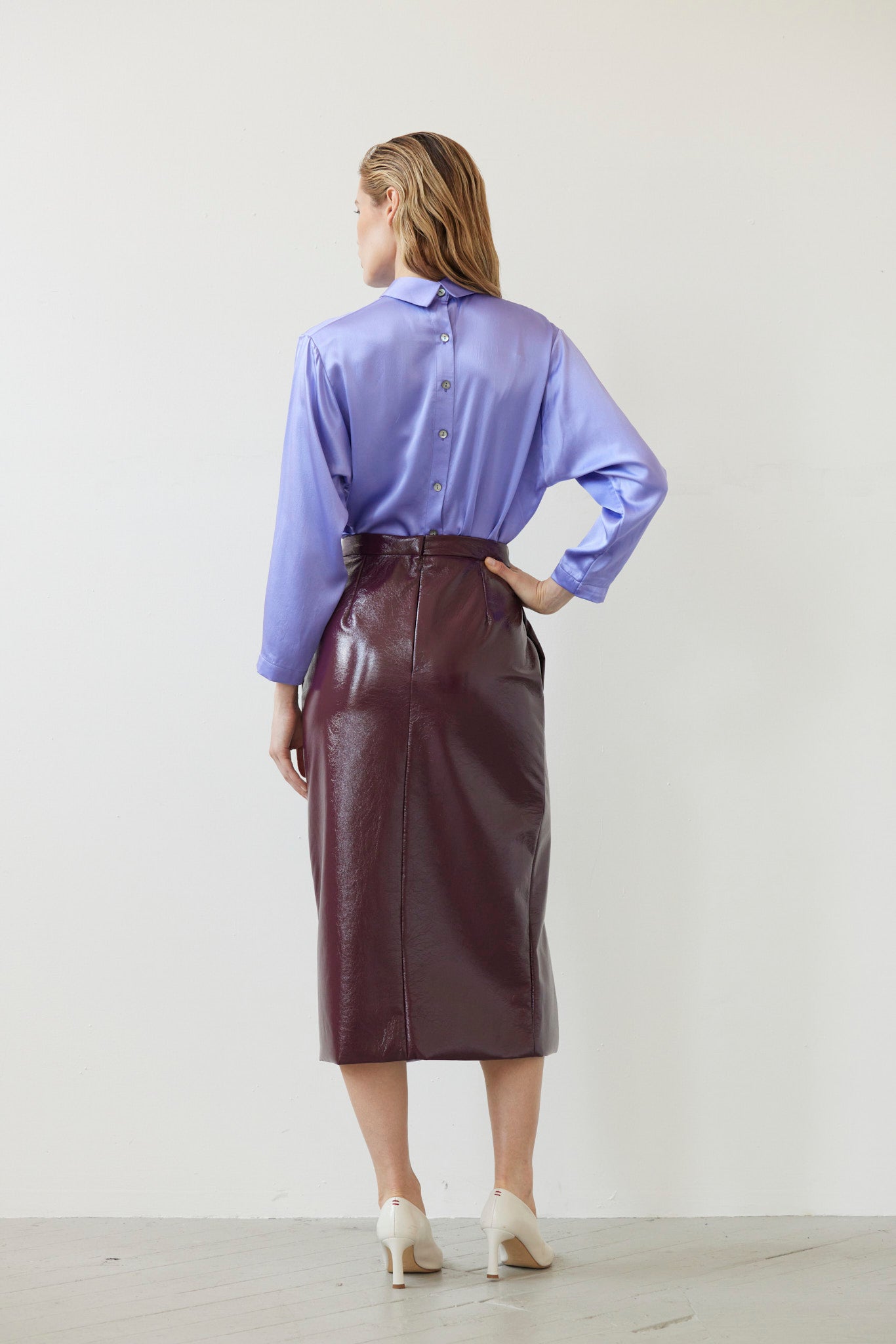 SAMPLE FW26 - Monica Midi Straight Skirt in Gloss Pleatherette - Plum Wine Samples CHRISTINE ALCALAY