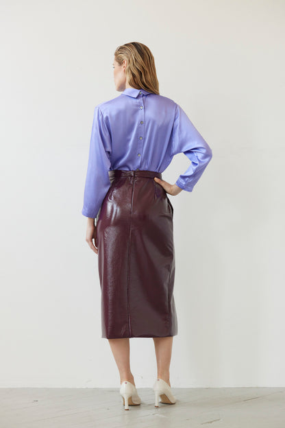 SAMPLE FW26 - Monica Midi Straight Skirt in Gloss Pleatherette - Plum Wine Samples CHRISTINE ALCALAY