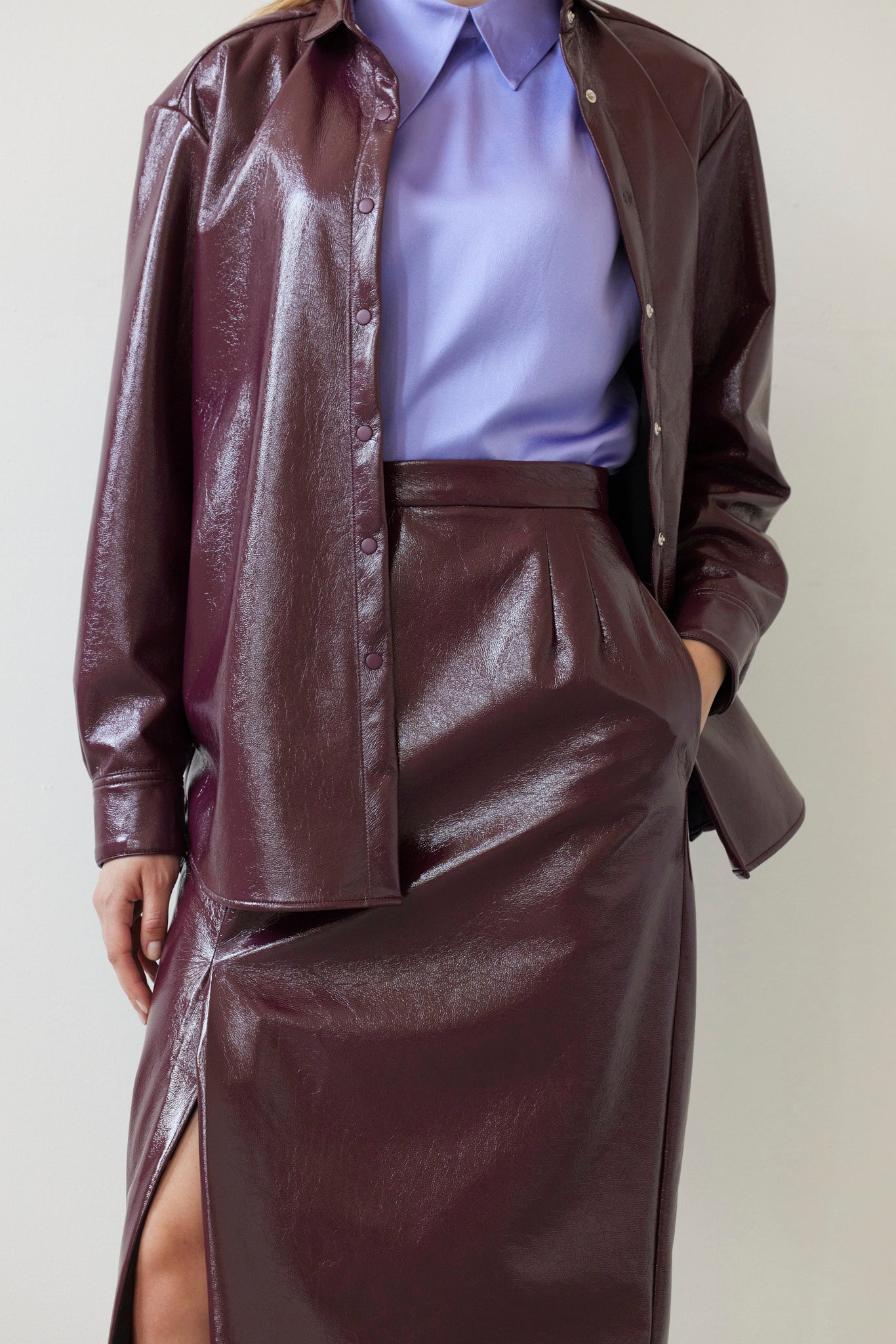 SAMPLE FW26 - Monica Midi Straight Skirt in Gloss Pleatherette - Plum Wine Samples CHRISTINE ALCALAY
