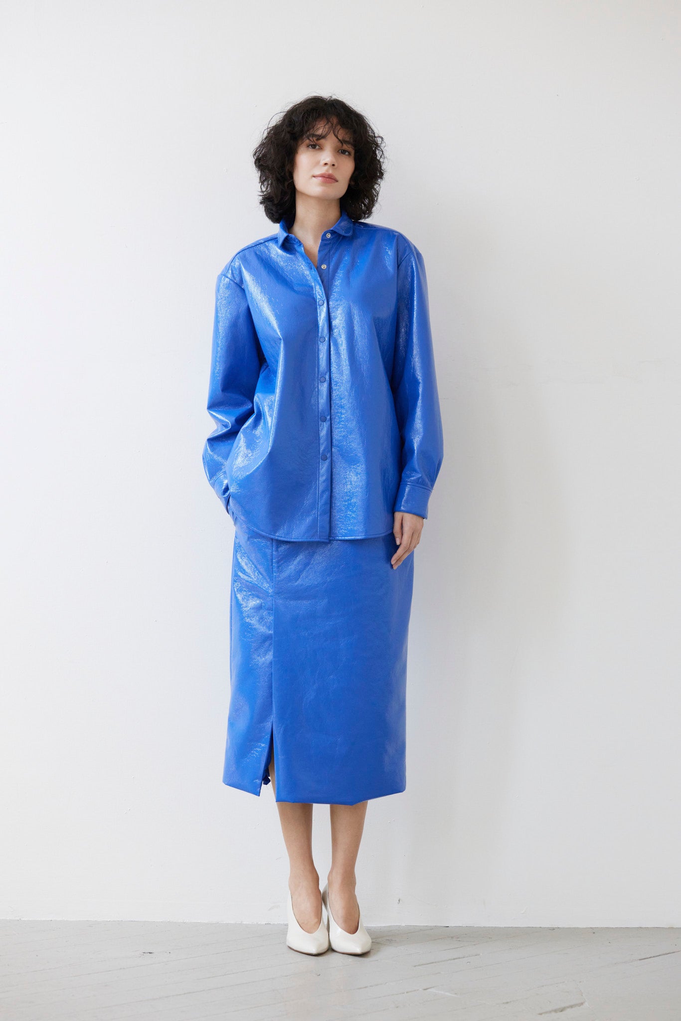 SAMPLE FW26 - Munro Shirt in Gloss Pleatherette - Electric Blue Samples CHRISTINE ALCALAY