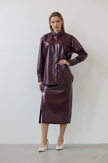SAMPLE FW26 - Munro Shirt in Gloss Pleatherette - Plum Wine Samples CHRISTINE ALCALAY