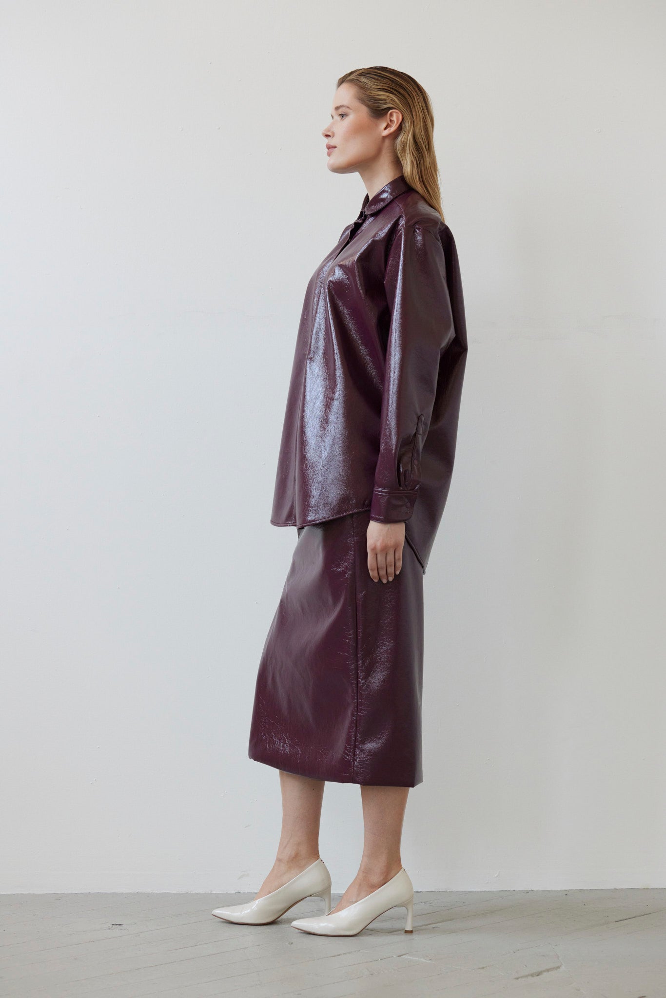 SAMPLE FW26 - Munro Shirt in Gloss Pleatherette - Plum Wine Samples CHRISTINE ALCALAY
