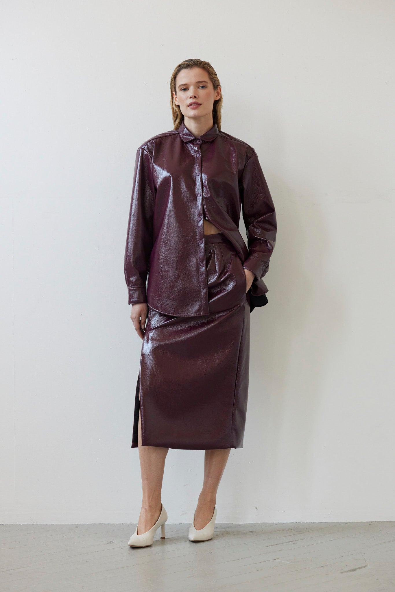 SAMPLE FW26 - Monica Midi Straight Skirt in Gloss Pleatherette - Plum Wine Samples CHRISTINE ALCALAY