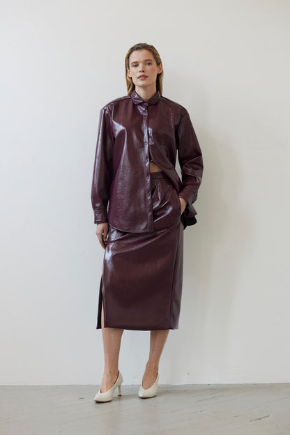 SAMPLE FW26 - Monica Midi Straight Skirt in Gloss Pleatherette - Plum Wine Samples CHRISTINE ALCALAY