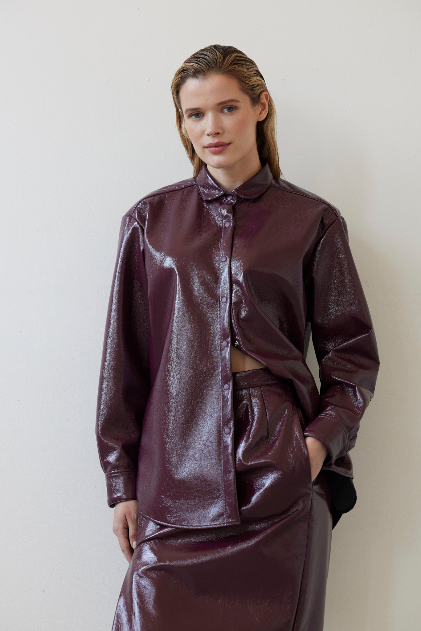 SAMPLE FW26 - Munro Shirt in Gloss Pleatherette - Plum Wine Samples CHRISTINE ALCALAY