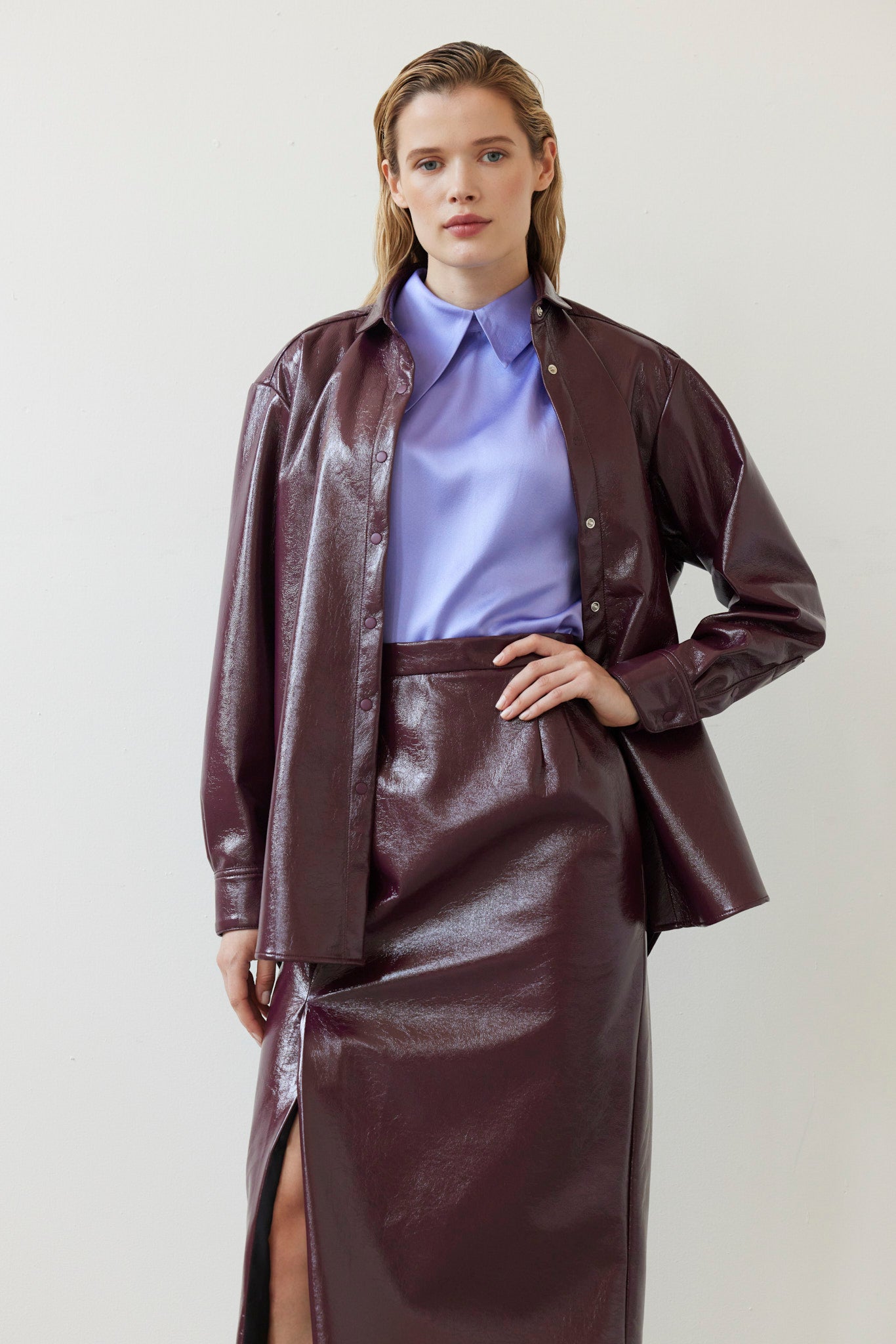 SAMPLE FW26 - Munro Shirt in Gloss Pleatherette - Plum Wine Samples CHRISTINE ALCALAY