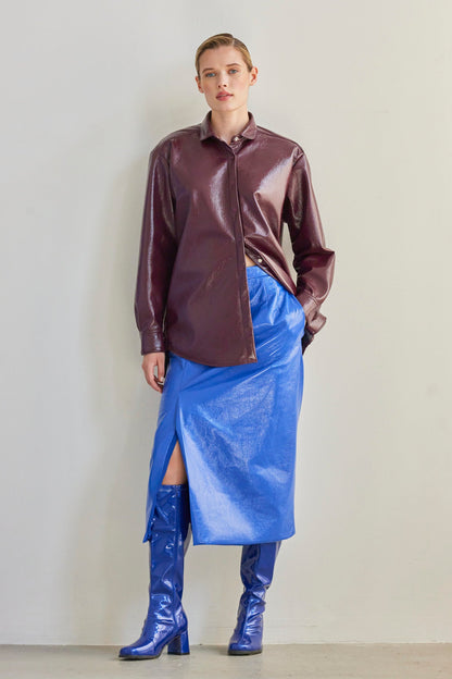 SAMPLE FW26 - Munro Shirt in Gloss Pleatherette - Plum Wine Samples CHRISTINE ALCALAY
