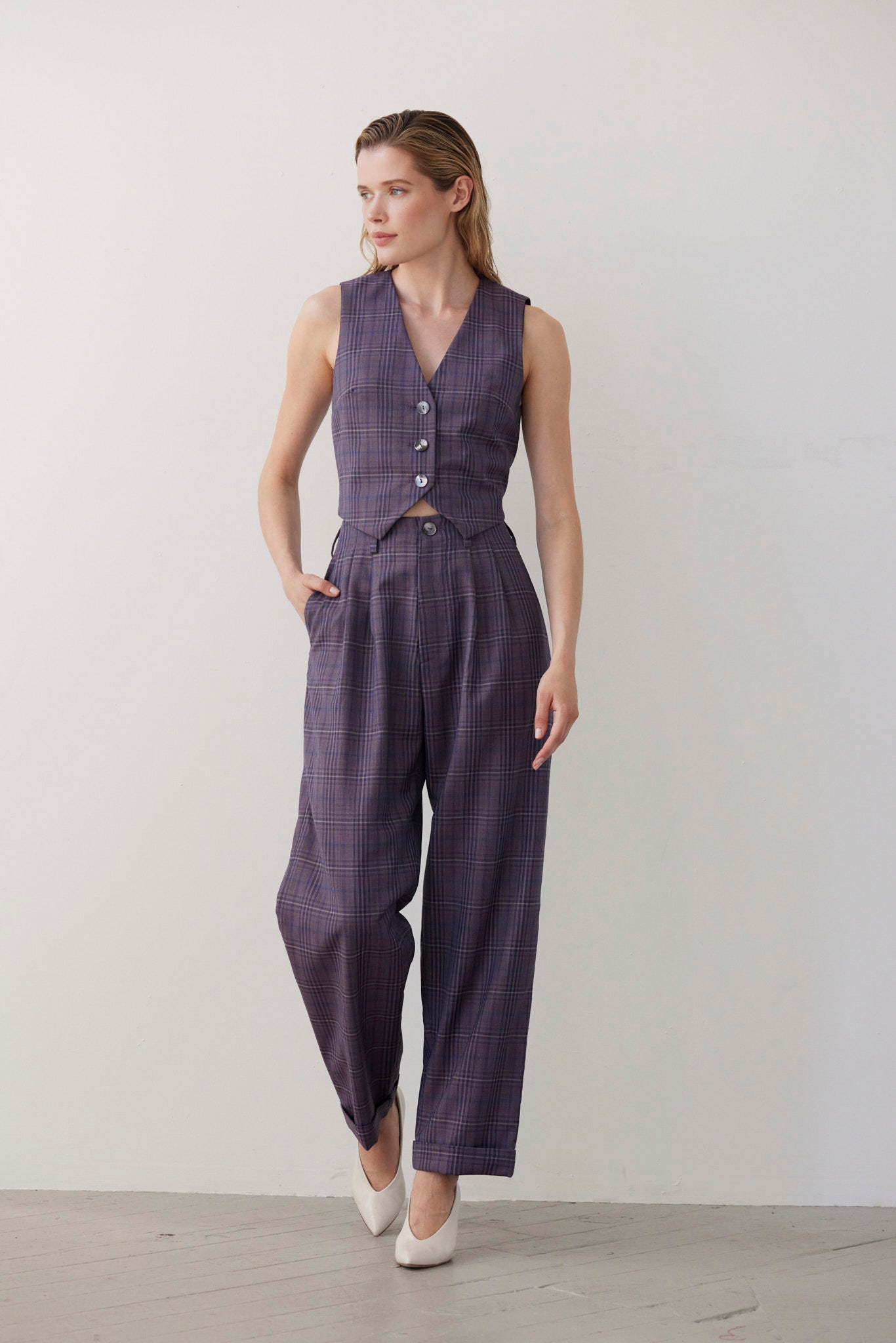 SAMPLE FW26 - Patty Straight Leg Pant in Tropical Wool - Shadow Violet Plaid Samples CHRISTINE ALCALAY