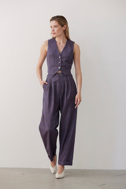 SAMPLE FW26 - Patty Straight Leg Pant in Tropical Wool - Shadow Violet Plaid Samples CHRISTINE ALCALAY