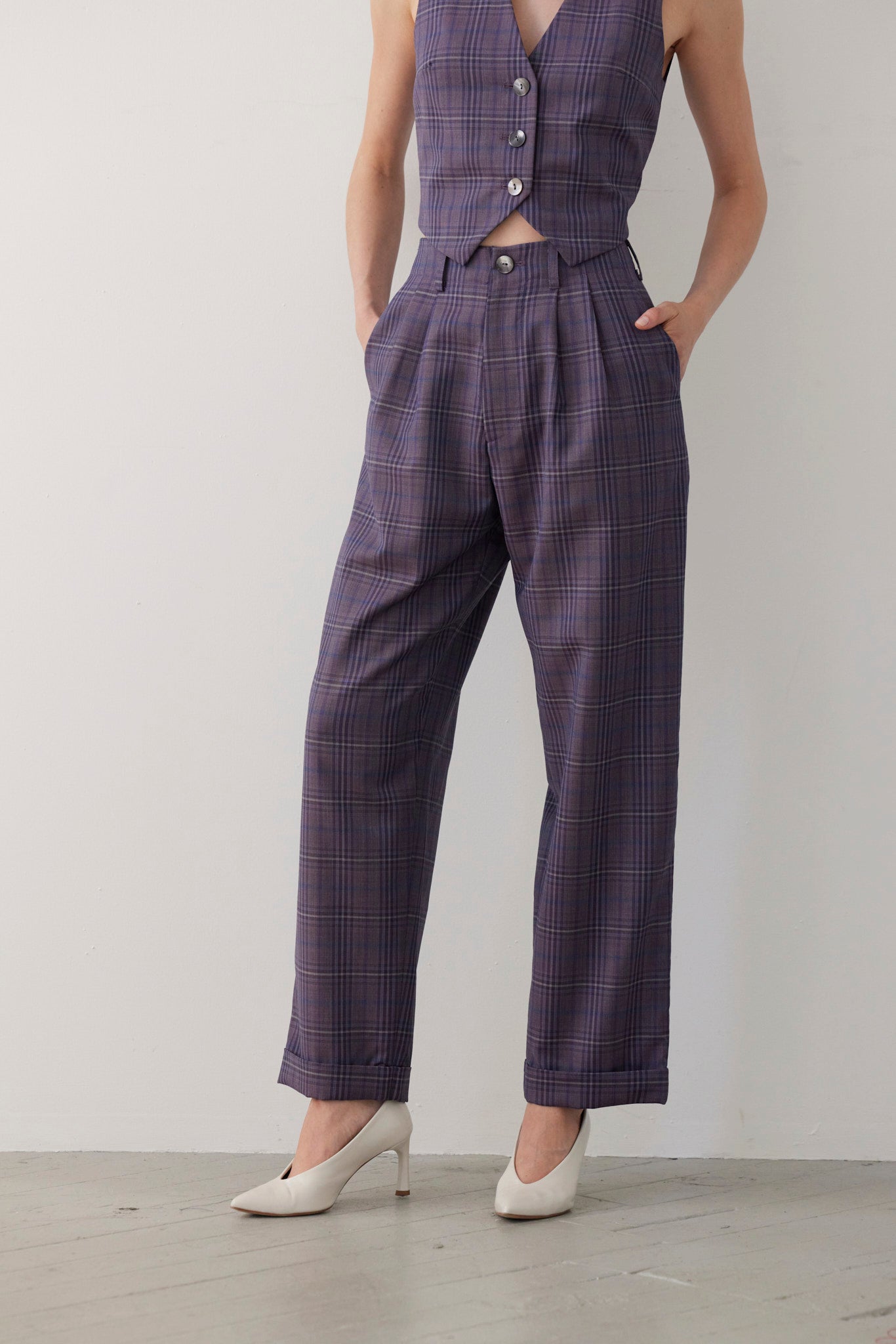 SAMPLE FW26 - Patty Straight Leg Pant in Tropical Wool - Shadow Violet Plaid Samples CHRISTINE ALCALAY Shadow Violet Plaid Small