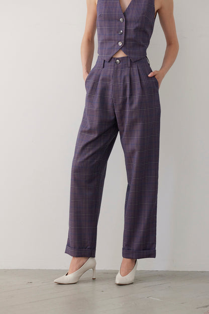SAMPLE FW26 - Patty Straight Leg Pant in Tropical Wool - Shadow Violet Plaid Samples CHRISTINE ALCALAY Shadow Violet Plaid Small