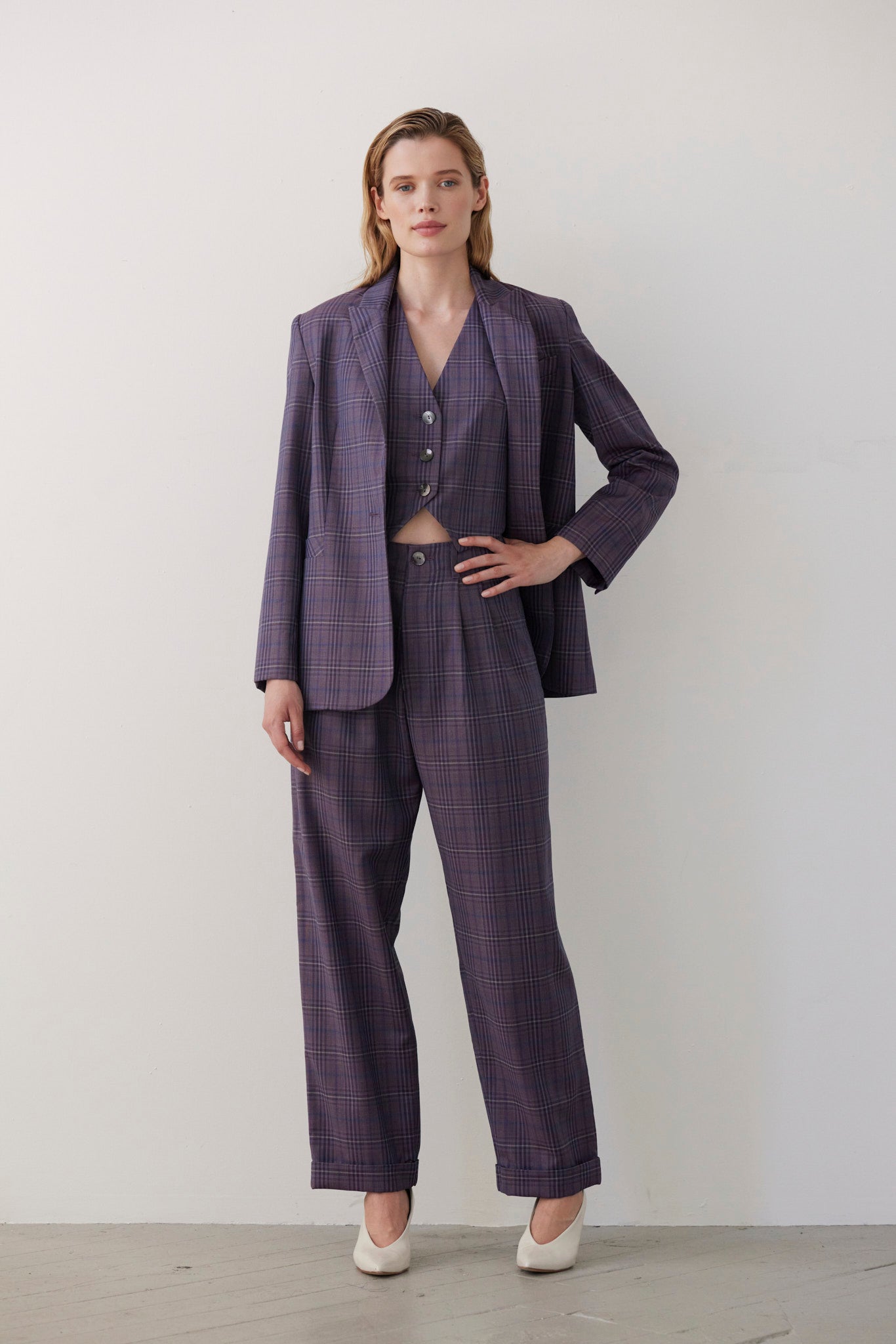 SAMPLE FW26 - Patty Straight Leg Pant in Tropical Wool - Shadow Violet Plaid Samples CHRISTINE ALCALAY