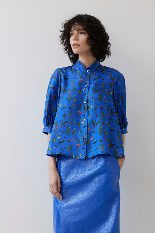 SAMPLE FW26 - Livia Blouse in Audubon Silk Twill - Electric Blue Audubon Samples CHRISTINE ALCALAY Electric Blue Audubon Small