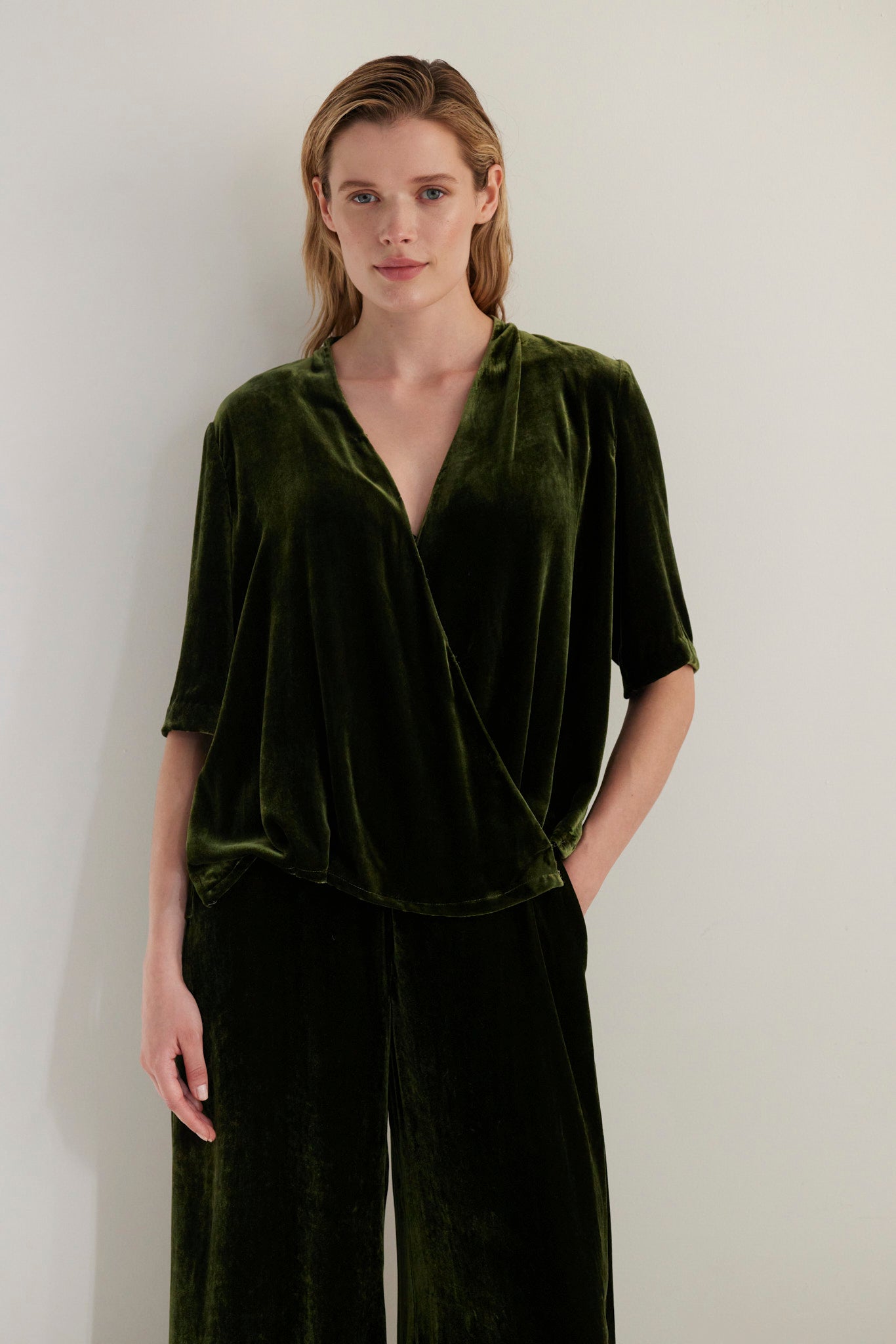 SAMPLE FW26 - Selina Blouse in Silk Velvet - Verdant Green Samples CHRISTINE ALCALAY Verdant Green Small