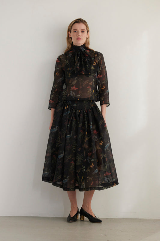 SAMPLE FW26 - Ursula Shirred Midi Skirt in Audubon Silk Organza - Black Night Samples CHRISTINE ALCALAY
