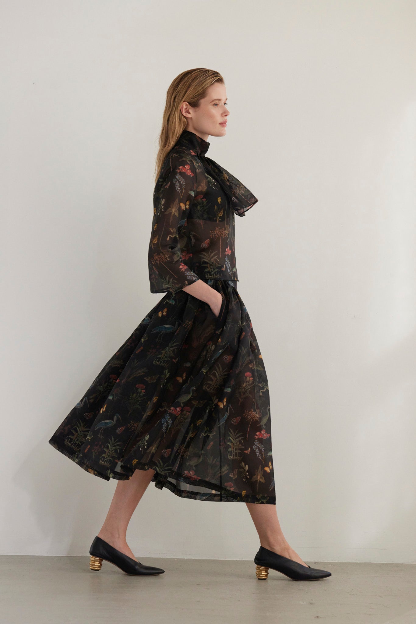 SAMPLE FW26 - Ursula Shirred Midi Skirt in Audubon Silk Organza - Black Night Samples CHRISTINE ALCALAY