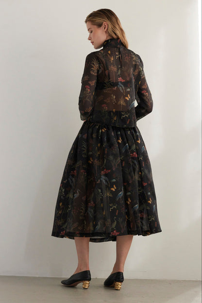 SAMPLE FW26 - Ursula Shirred Midi Skirt in Audubon Silk Organza - Black Night Samples CHRISTINE ALCALAY