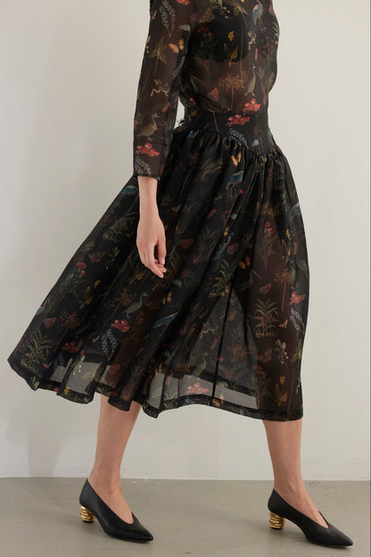 SAMPLE FW26 - Ursula Shirred Midi Skirt in Audubon Silk Organza - Black Night Samples CHRISTINE ALCALAY