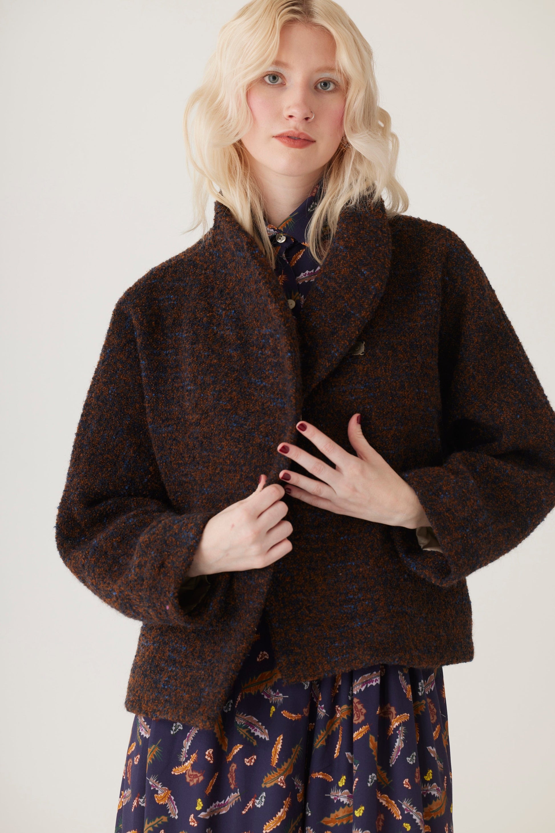 Jacquie Jacket in Boucle Wool Coat CHRISTINE ALCALAY Dark Blue/Brown Boucle Extra Small 