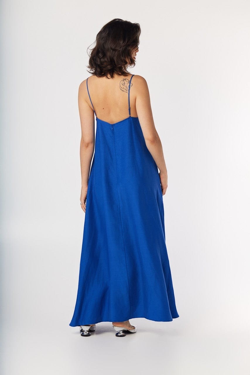 Calista Dress in Lapis Blue Cupro Linen, Lapis Blue / XS/S