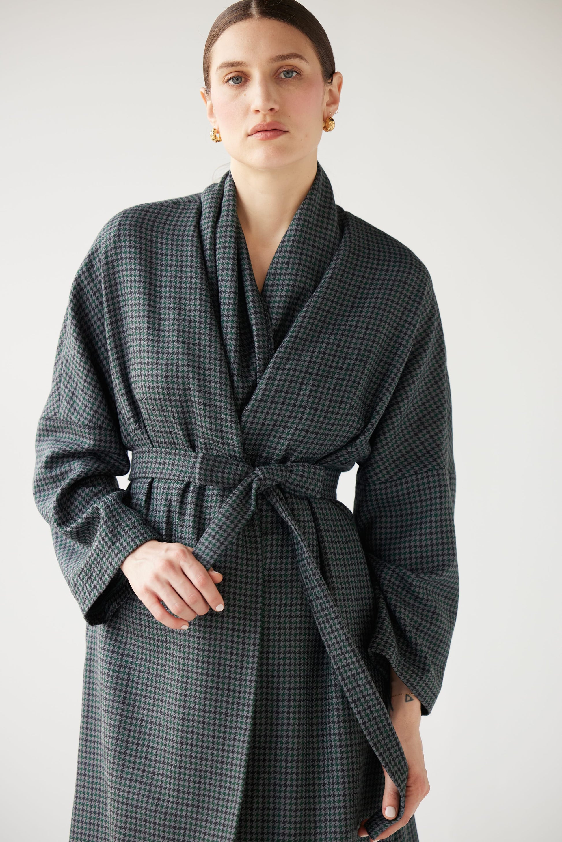 SAMPLE FW25 - Ida Robe Overcoat in Evergreen Houndstooth Samples CHRISTINE ALCALAY