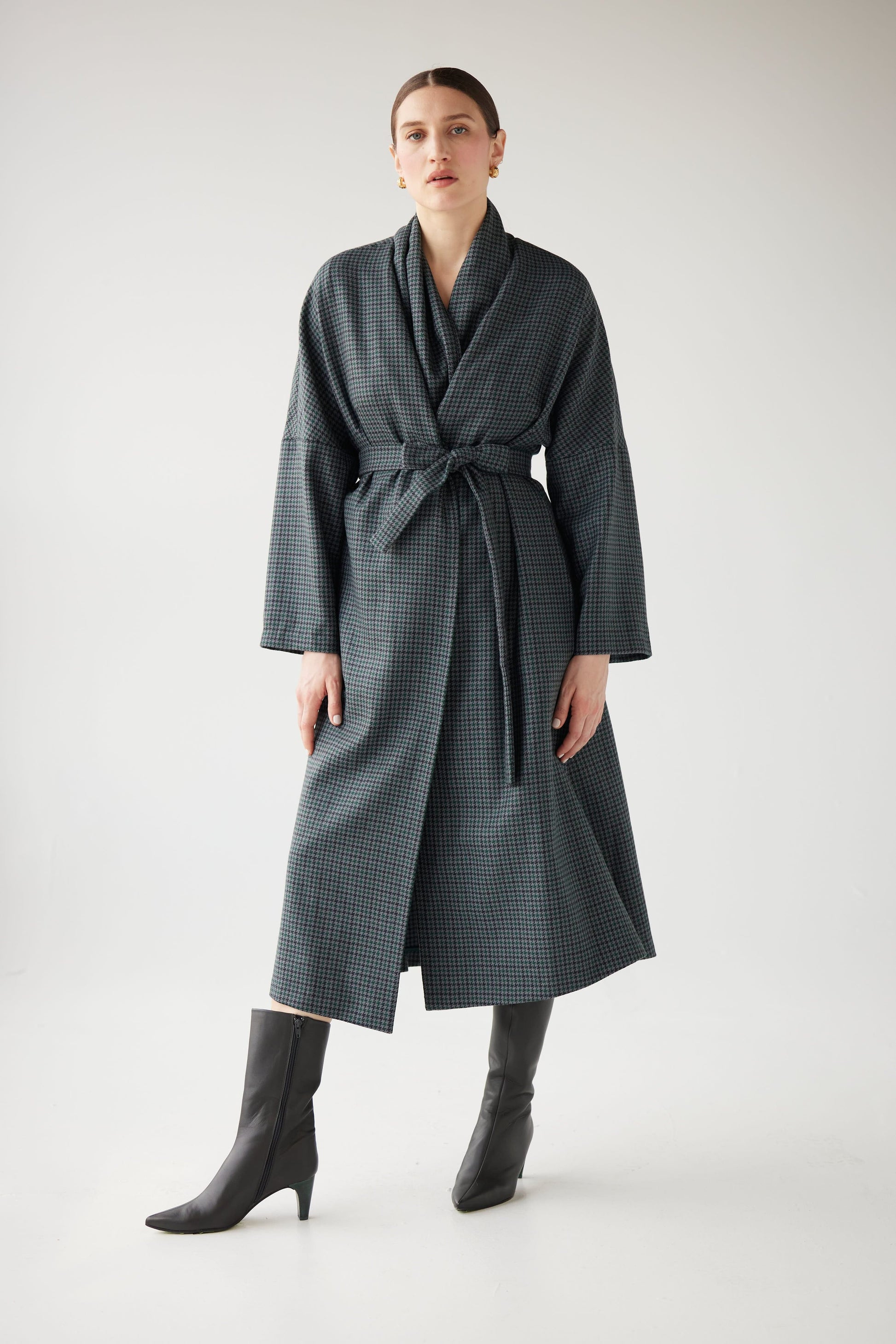 SAMPLE FW25 - Ida Robe Overcoat in Evergreen Houndstooth Samples CHRISTINE ALCALAY