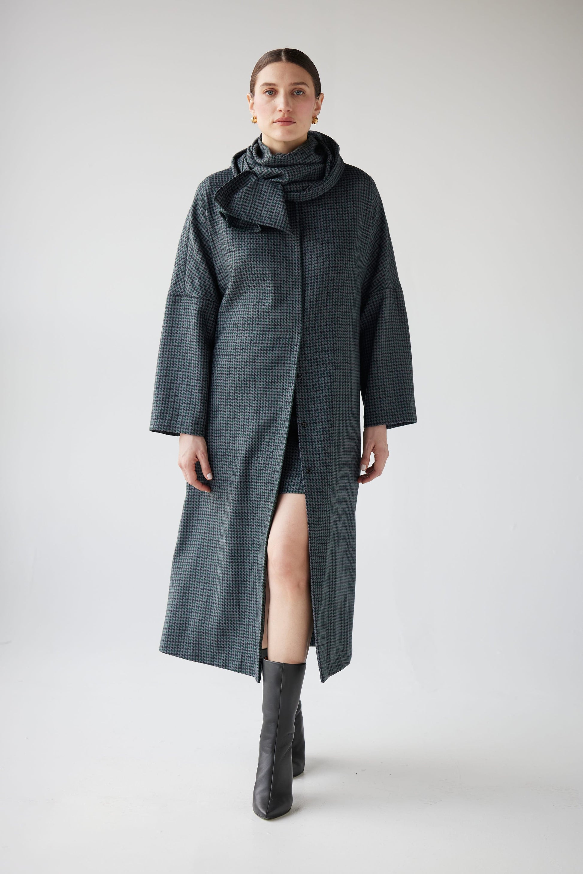 SAMPLE FW25 - Ida Robe Overcoat in Evergreen Houndstooth Samples CHRISTINE ALCALAY