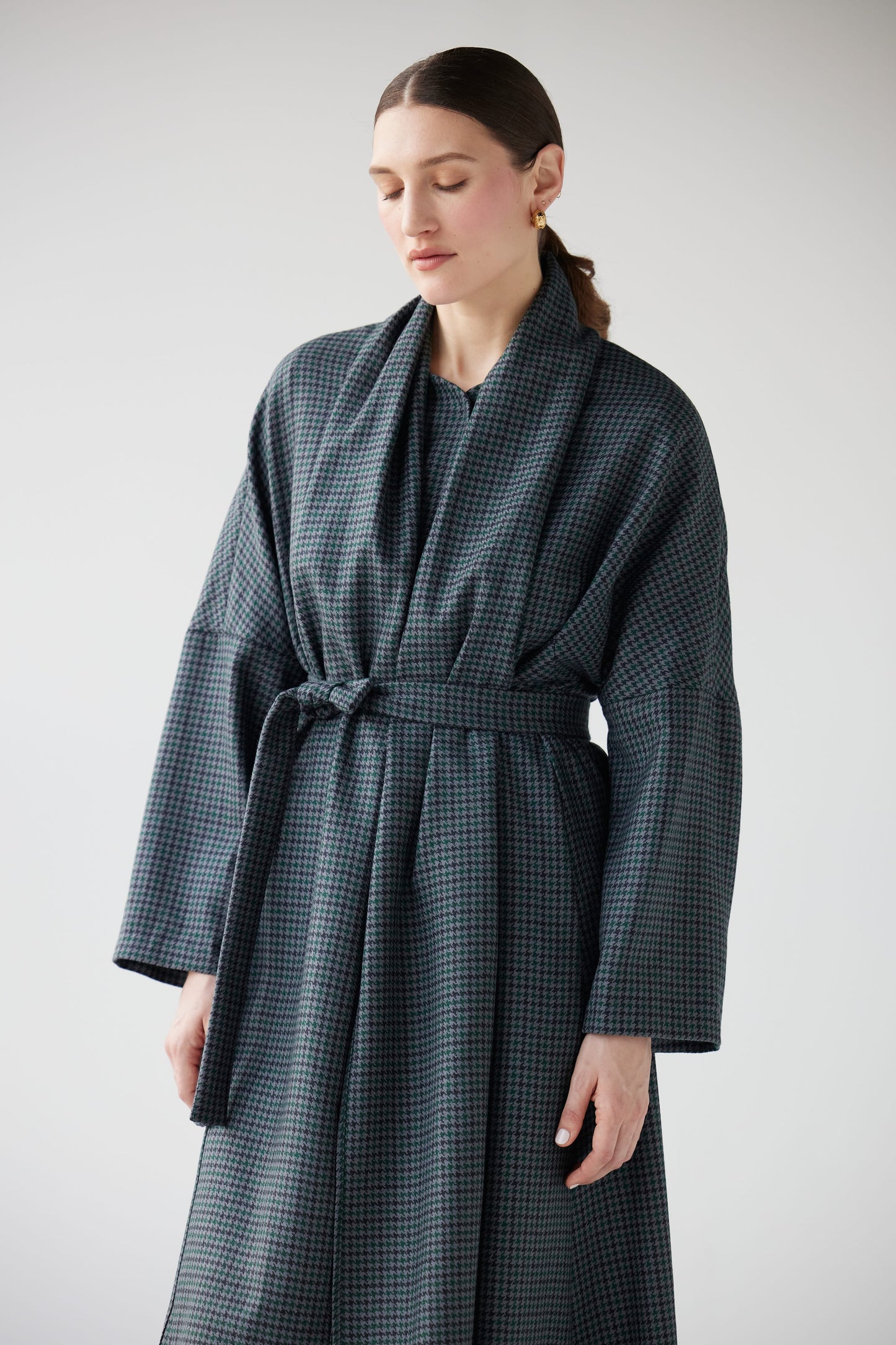 SAMPLE FW25 - Ida Robe Overcoat in Evergreen Houndstooth Samples CHRISTINE ALCALAY