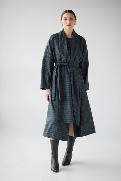 SAMPLE FW25 - Ida Robe Overcoat in Evergreen Houndstooth Samples CHRISTINE ALCALAY