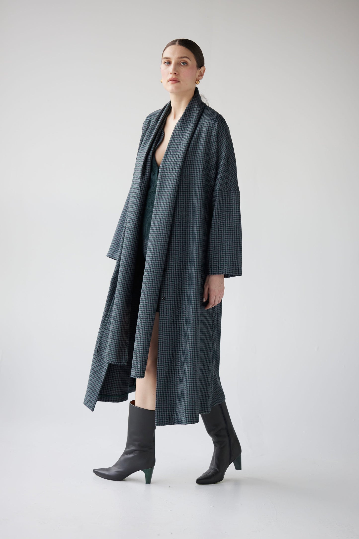 SAMPLE FW25 - Ida Robe Overcoat in Evergreen Houndstooth Samples CHRISTINE ALCALAY