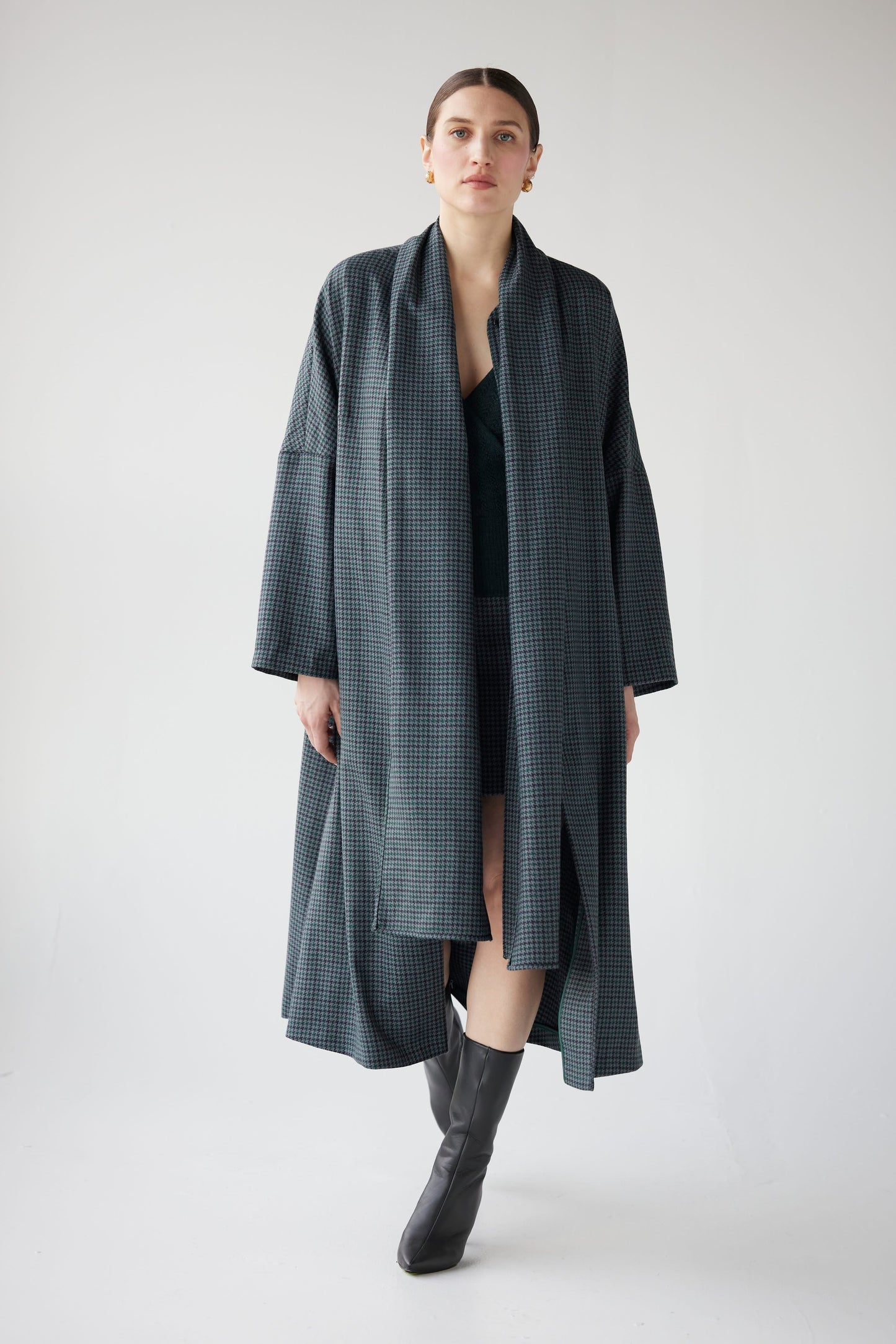 SAMPLE FW25 - Ida Robe Overcoat in Evergreen Houndstooth Samples CHRISTINE ALCALAY