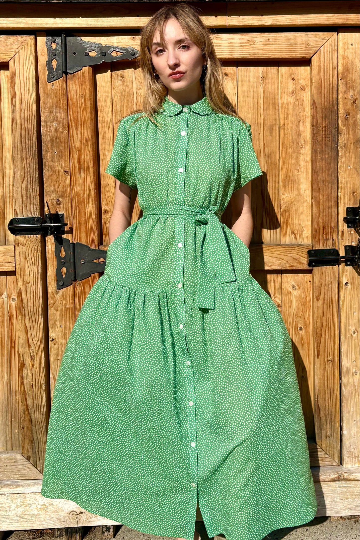 green cotton dresses Deep Green Cotton Dress, Summer Flared Dress With Pockets and Belt, Short Sleeves Midi Dress, Cotton Clothing, Handmade