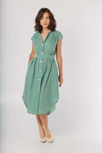 Jeane Dress in Malachite Green Gingham Cotton Dresses CHRISTINE ALCALAY