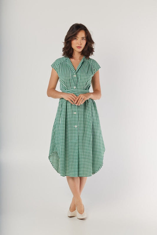Jeane Dress in Malachite Green Gingham Cotton Dresses CHRISTINE ALCALAY