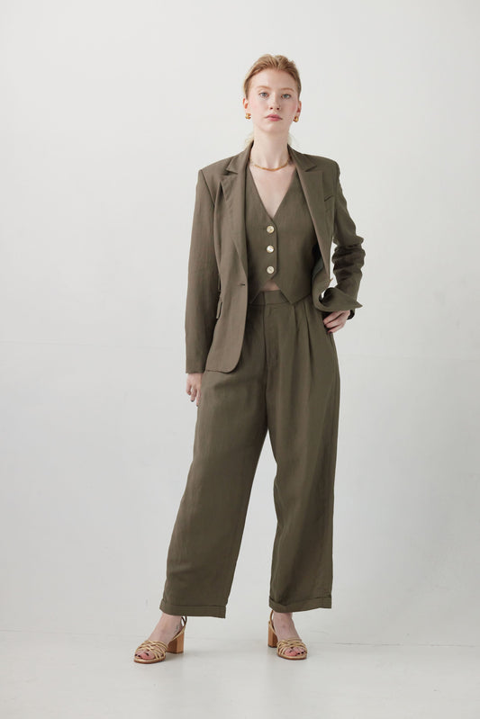 Tilda Double Pocket Blazer in Linen Jackets CHRISTINE ALCALAY Olive 0