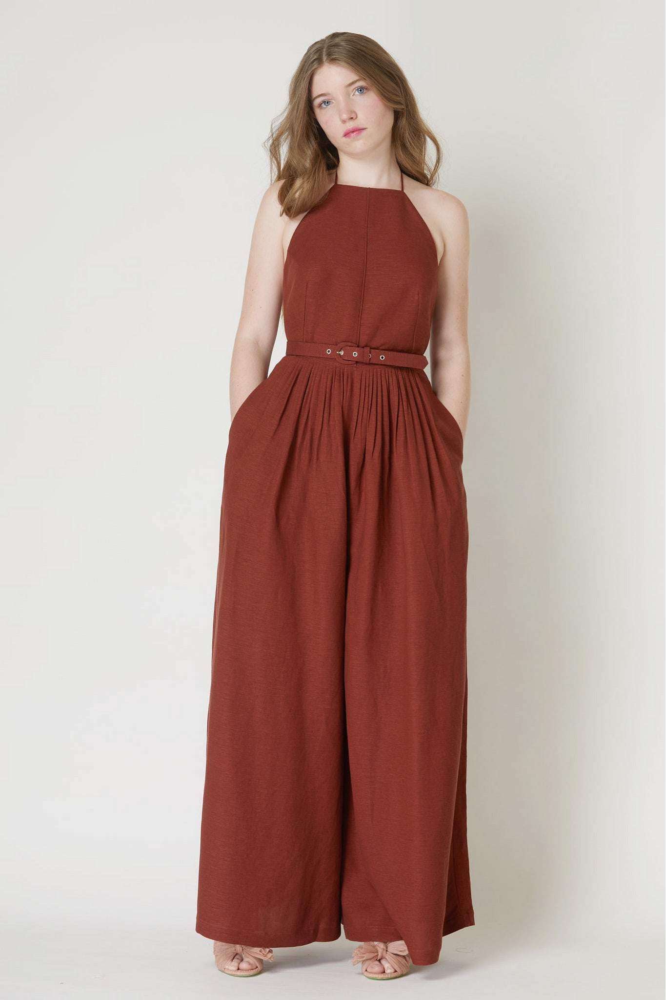 Marie Jumpsuit in Solid Linen Jumpsuits CHRISTINE ALCALAY Redwood 0 