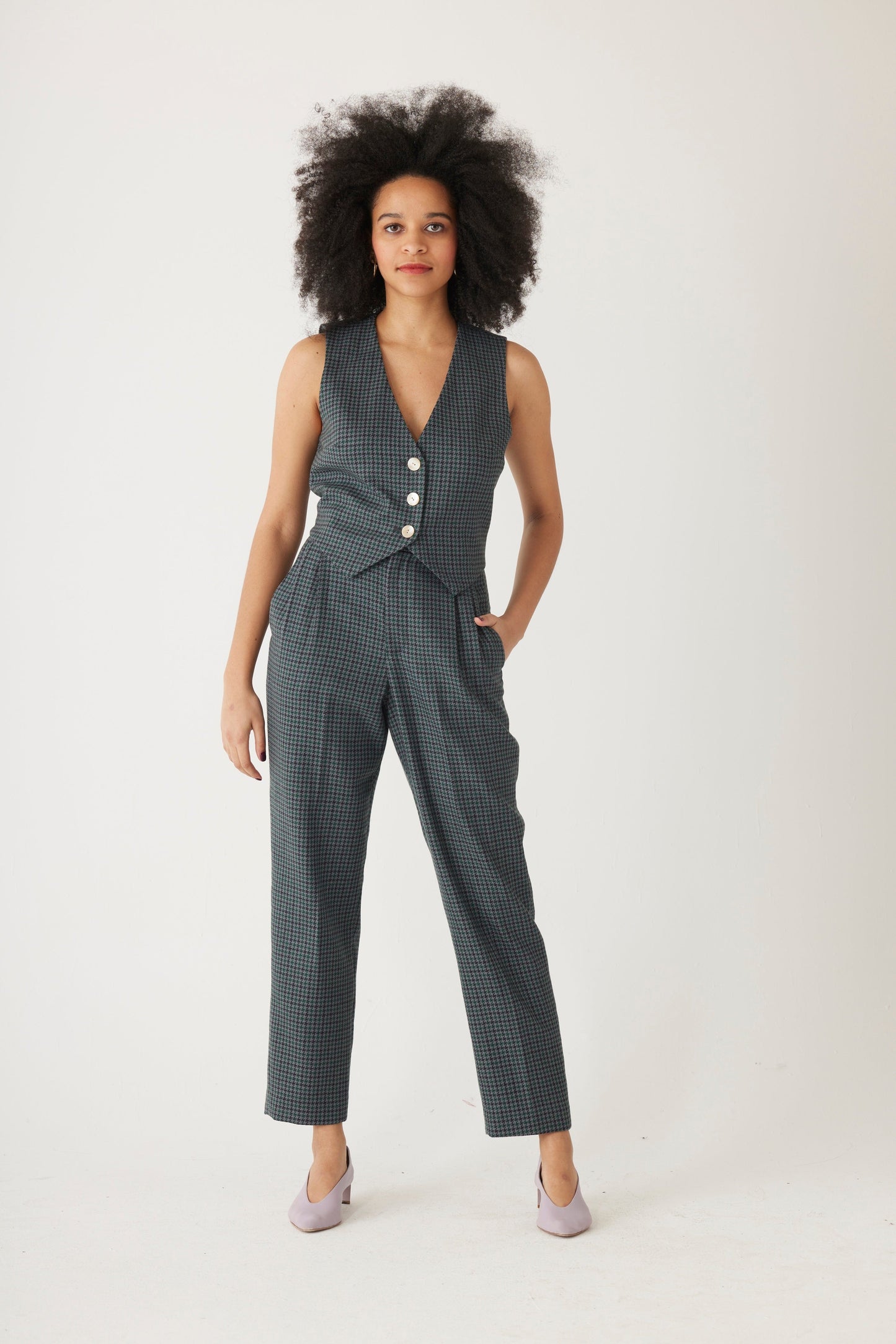 Sophia Trouser in Evergreen Houndstooth Wool Pants CHRISTINE ALCALAY