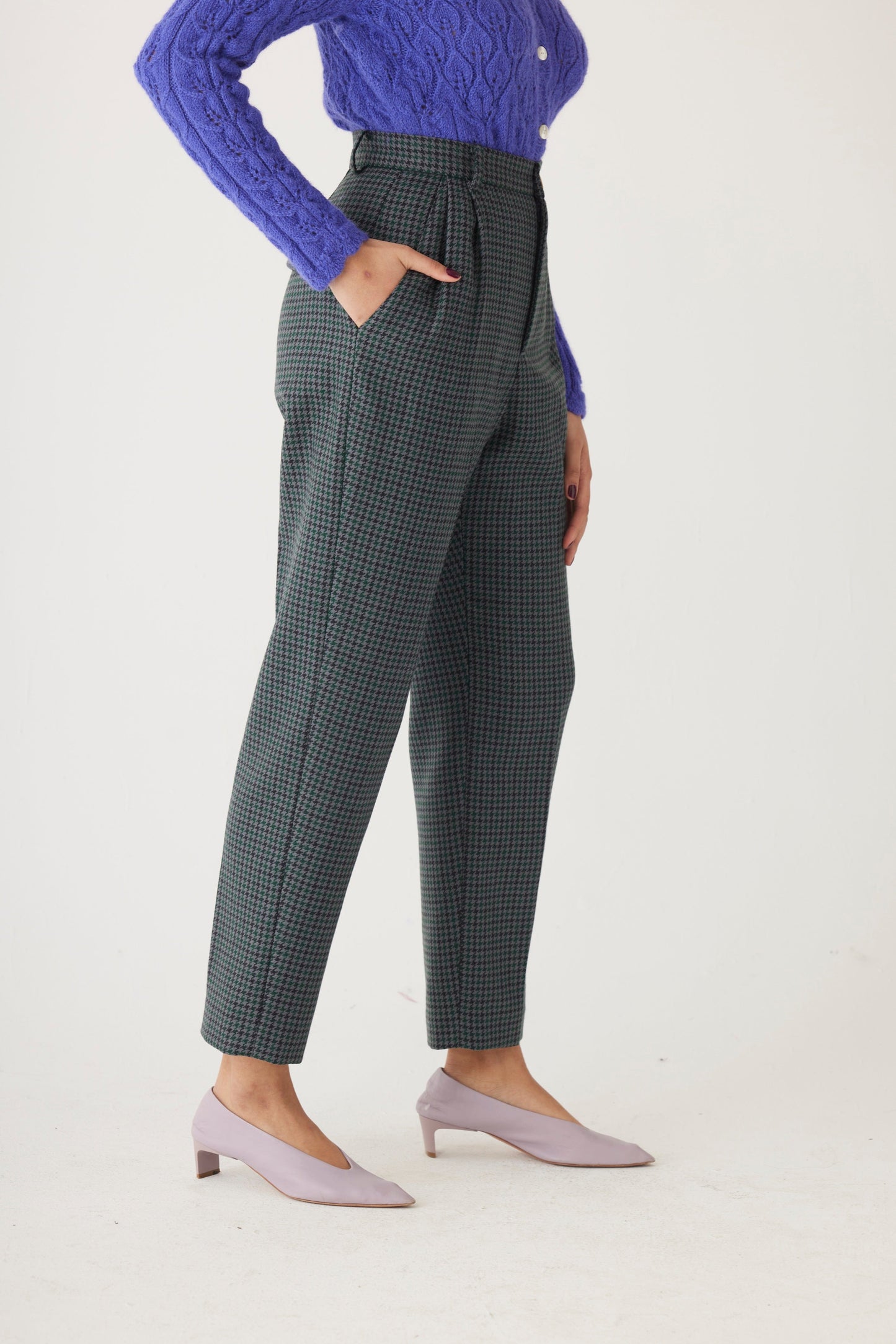 Sophia Trouser in Evergreen Houndstooth Wool Pants CHRISTINE ALCALAY