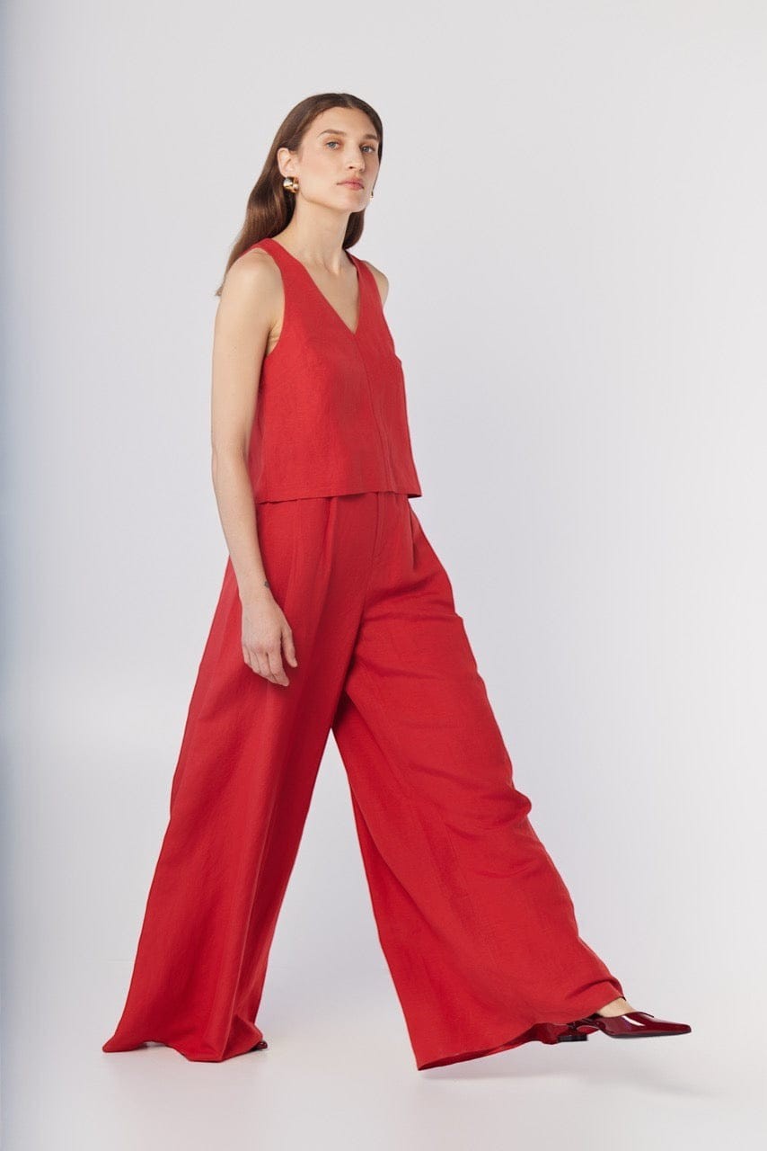 Katherine Wide Leg Pant in Linen Pants CHRISTINE ALCALAY Cayenne Red 0