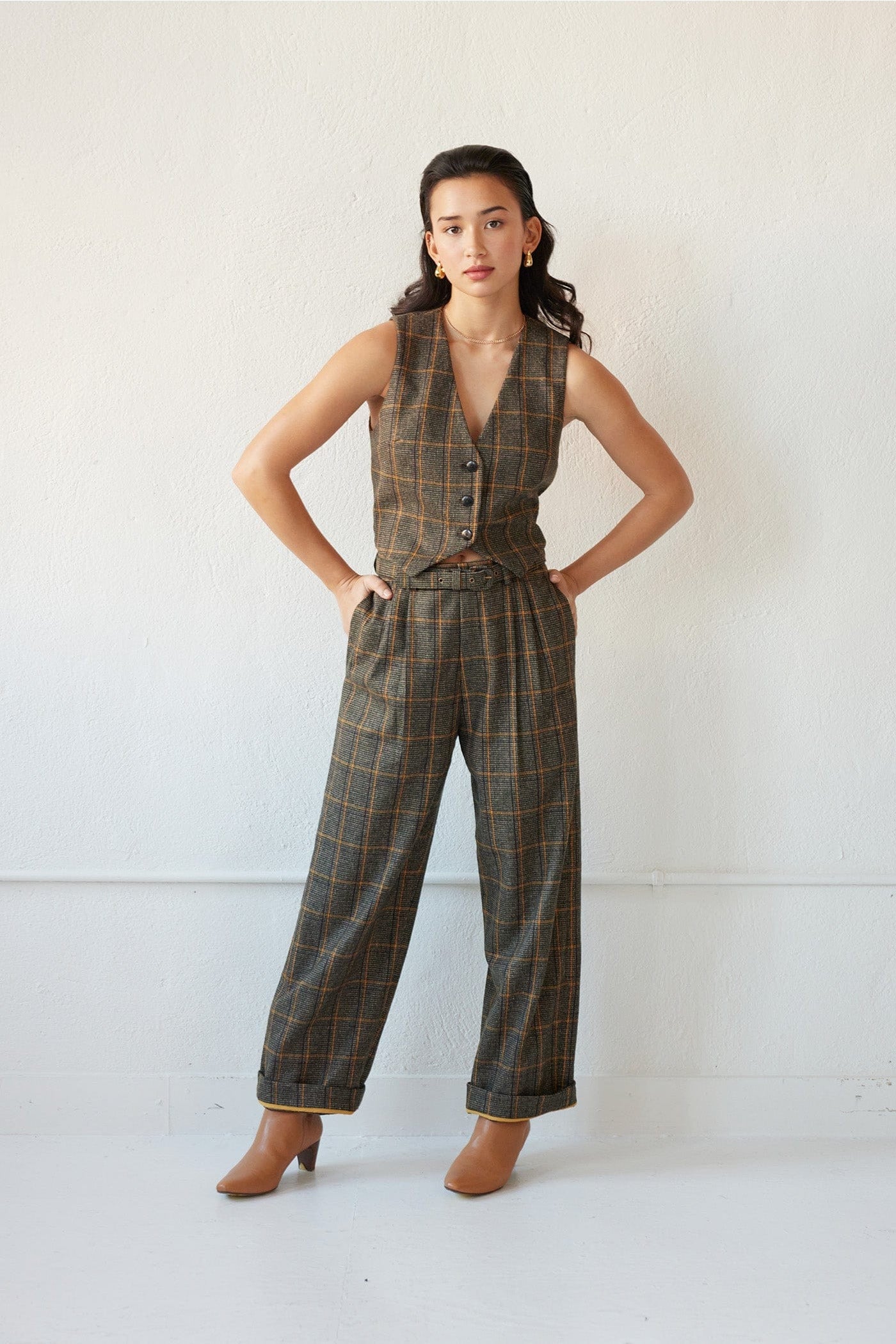 Charlize Pant in Wool Pants CHRISTINE ALCALAY Toffee Plaid 0 