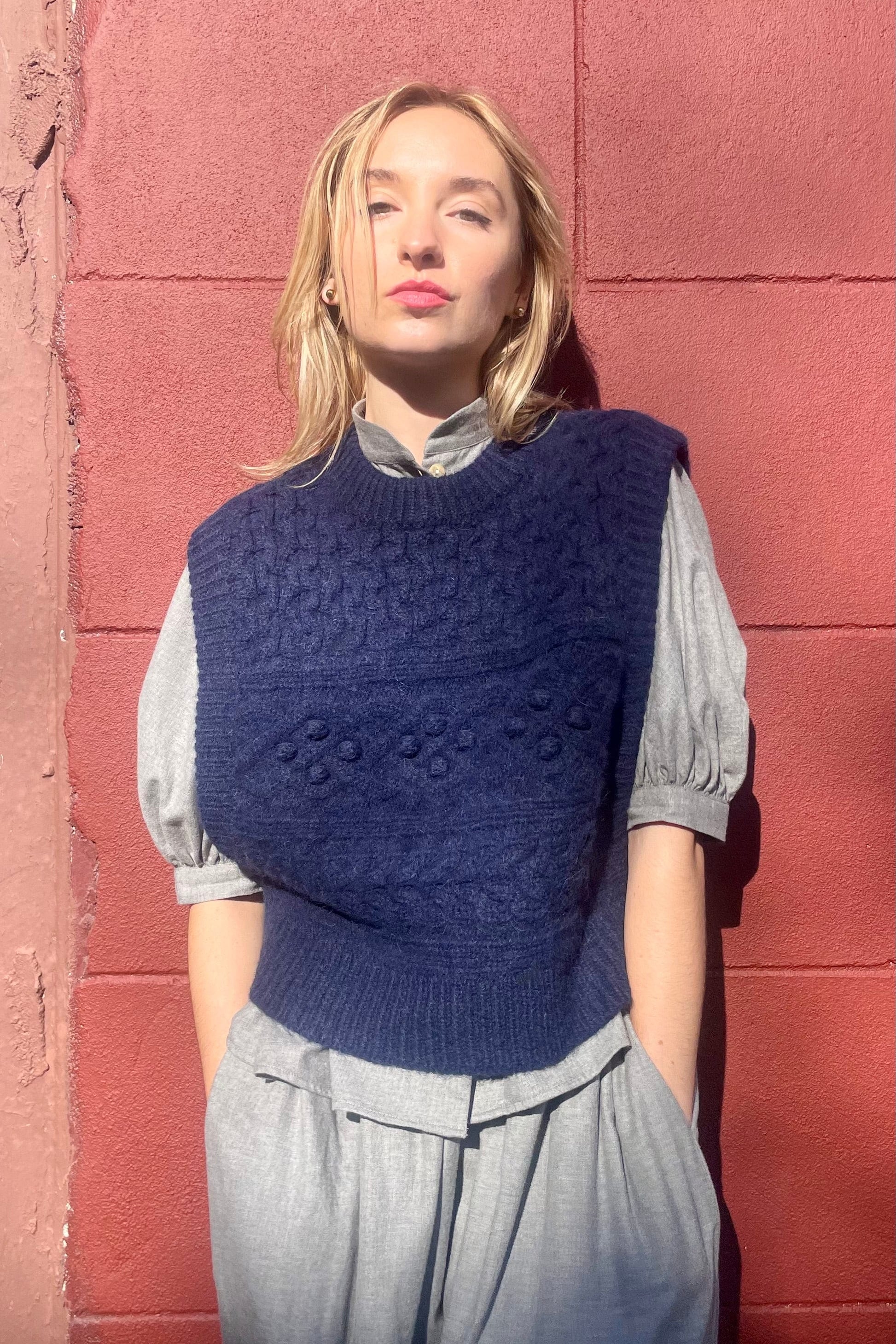 Mona Popcorn Sweater Vest Sweater CHRISTINE ALCALAY Navy XS/S (PETITE) 