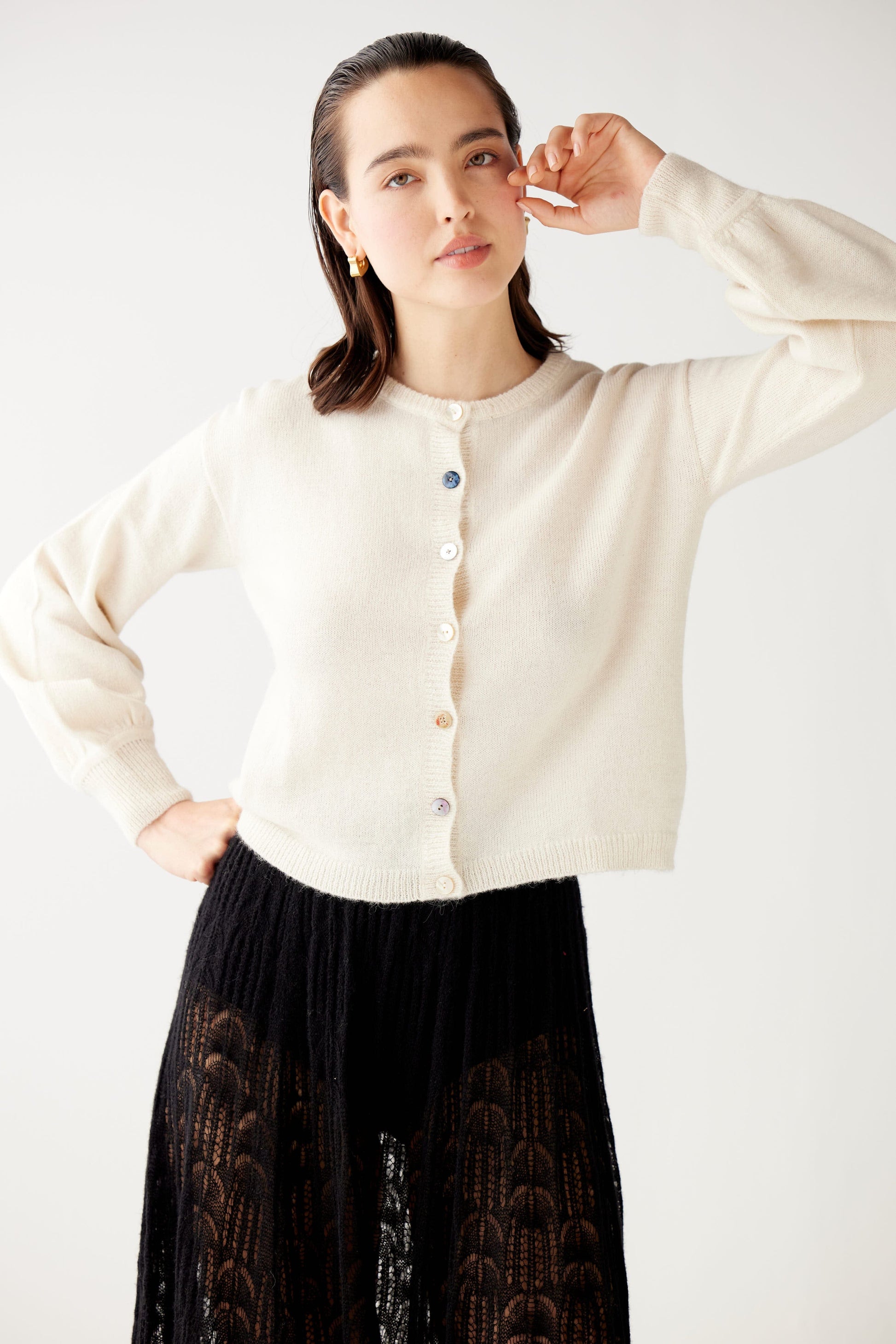 SAMPLE FW25 - Colleen Mixed Button Cardigan Sweater Samples CHRISTINE ALCALAY Cream XS/S