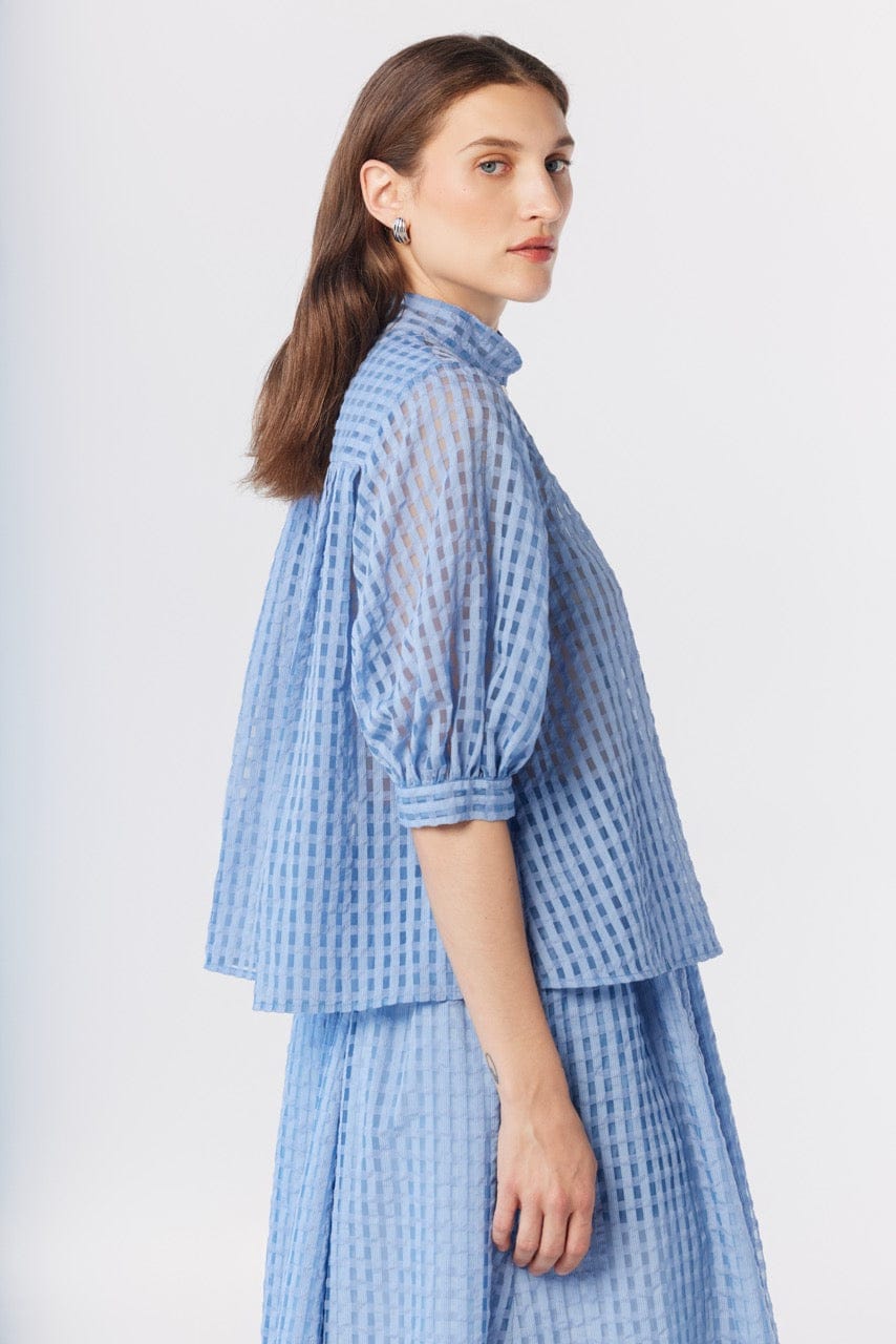 Livia Blouse in Bluebell Windowpane Cotton Blend Tops CHRISTINE ALCALAY Bluebell Extra Small