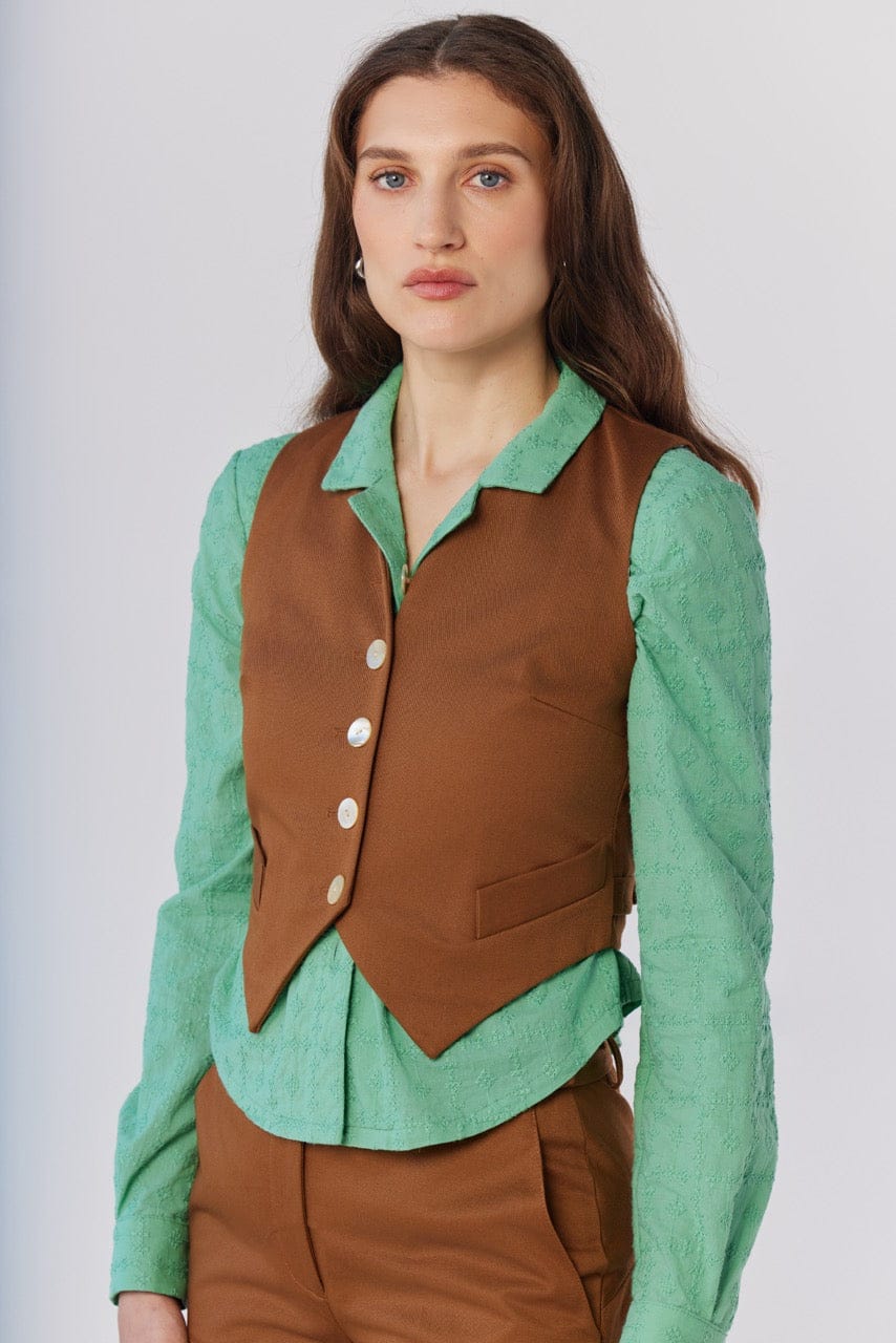 Annie Vest in Cigar Cotton Twill Tops CHRISTINE ALCALAY Cigar Extra Small