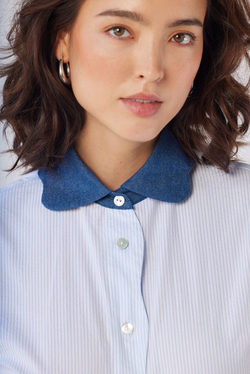Flora Blouse in Blue Stripe Seersucker Tops CHRISTINE ALCALAY