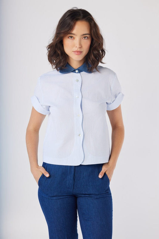 Flora Blouse in Blue Stripe Seersucker Tops CHRISTINE ALCALAY
