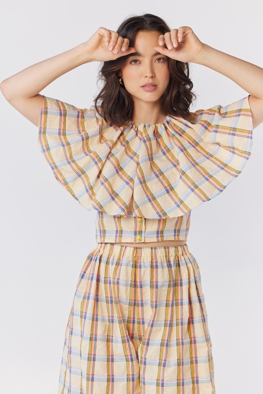 Izzy Blouse in Lemon Yellow Plaid Cotton Blend Tops CHRISTINE ALCALAY