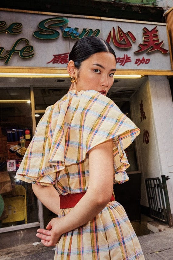 Izzy Blouse in Lemon Yellow Plaid Cotton Blend Tops CHRISTINE ALCALAY